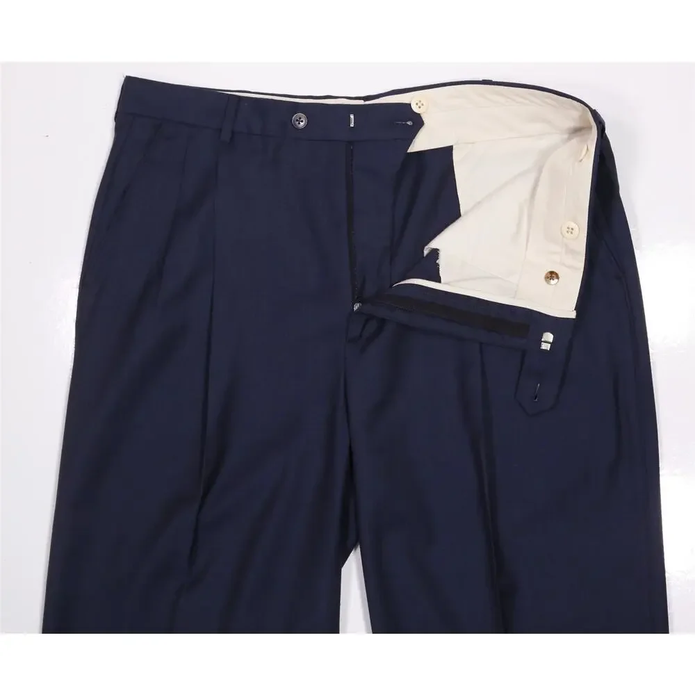 Paul Stuart Navy Blue Super 100's Wool Pleated Dress Pants Italy 36x29